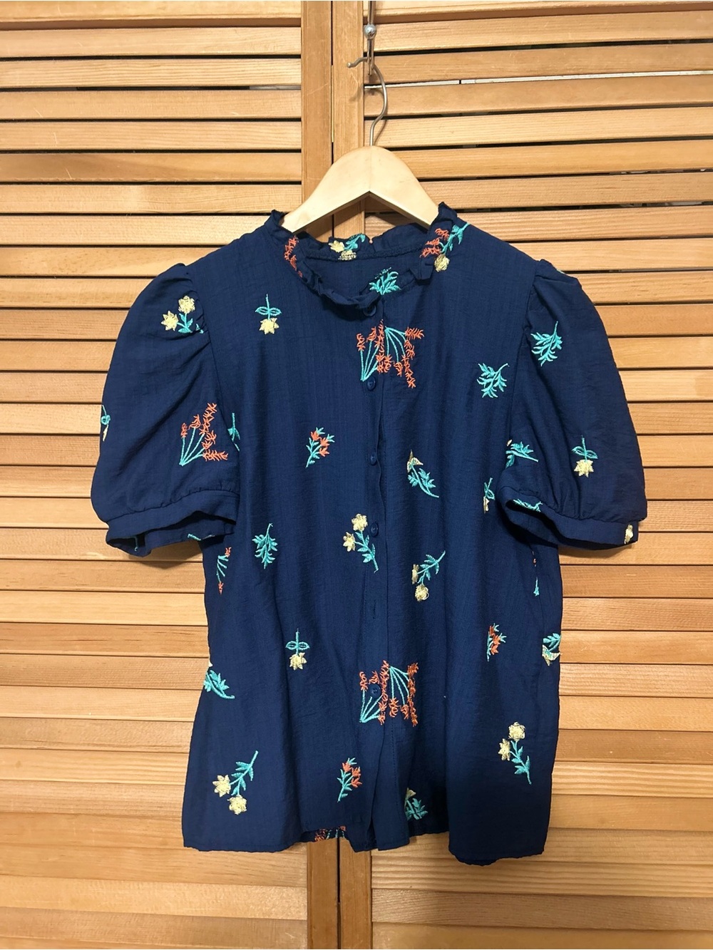 SHEIN Navy Floral Embroidered Button-Up Top